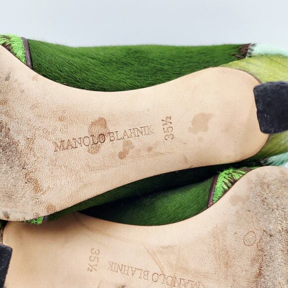 Manolo Blahnik Green Striped Pony Hair Pumps Brown Leather Trim Women's Sz 35.5 - Picture 9 of 11